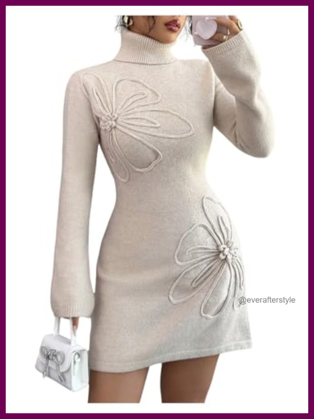 Women's 3D Floral Bell Sleeve High Neck Mini Dress